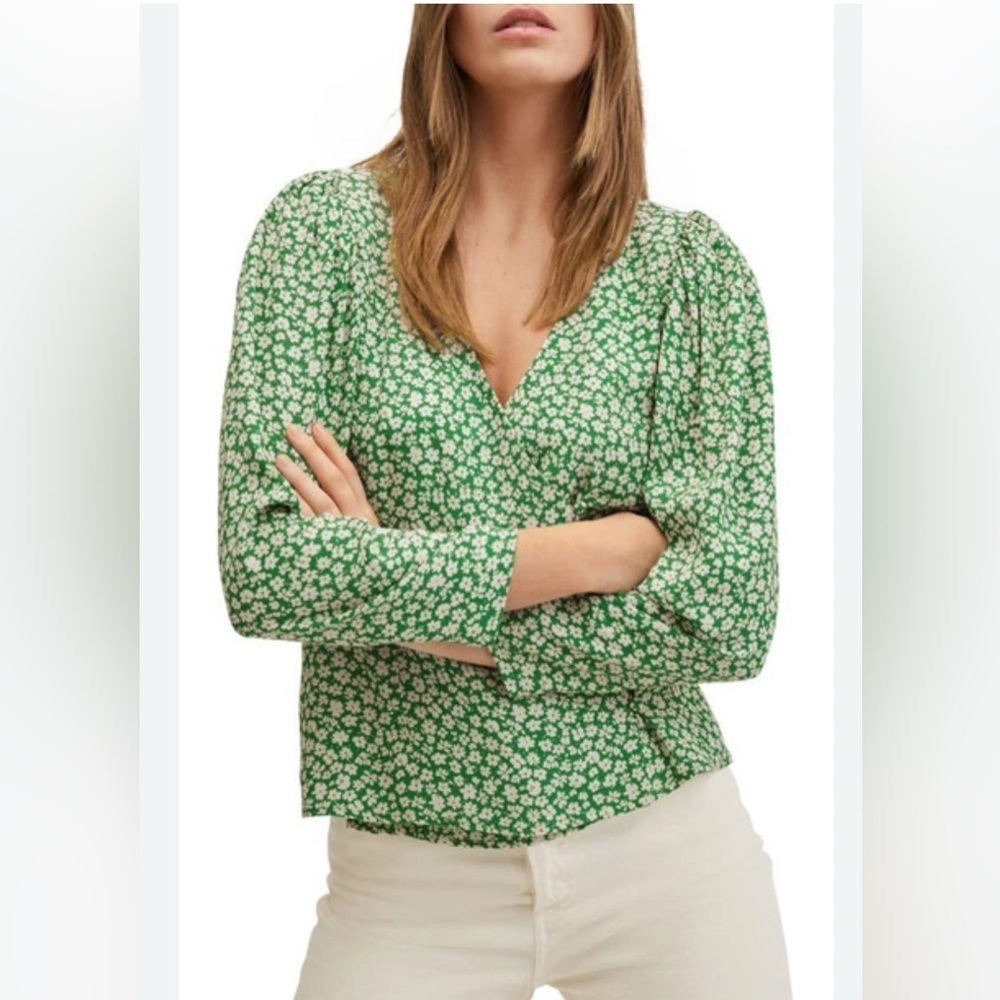 Mango Green Floral V-Neck Long Sleeve Blouse